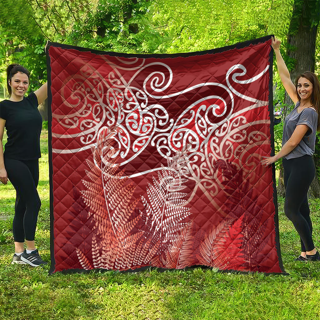 Aotearoa Maori Koru Curves Quilt Silver Ferns - Crimson Red LT7 - Polynesian Pride