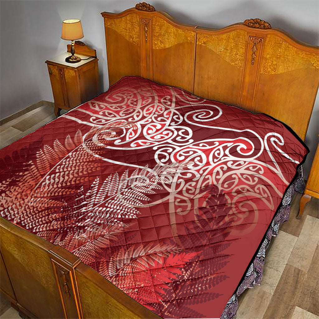 Aotearoa Maori Koru Curves Quilt Silver Ferns - Crimson Red LT7 - Polynesian Pride