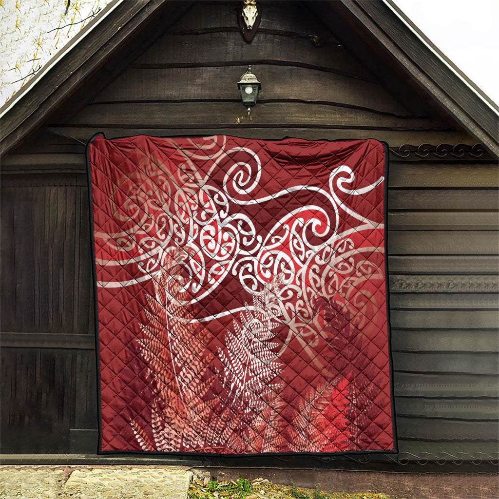 Aotearoa Maori Koru Curves Quilt Silver Ferns - Crimson Red LT7 - Polynesian Pride