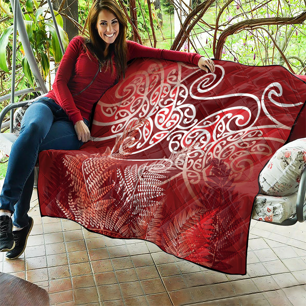Aotearoa Maori Koru Curves Quilt Silver Ferns - Crimson Red LT7 - Polynesian Pride