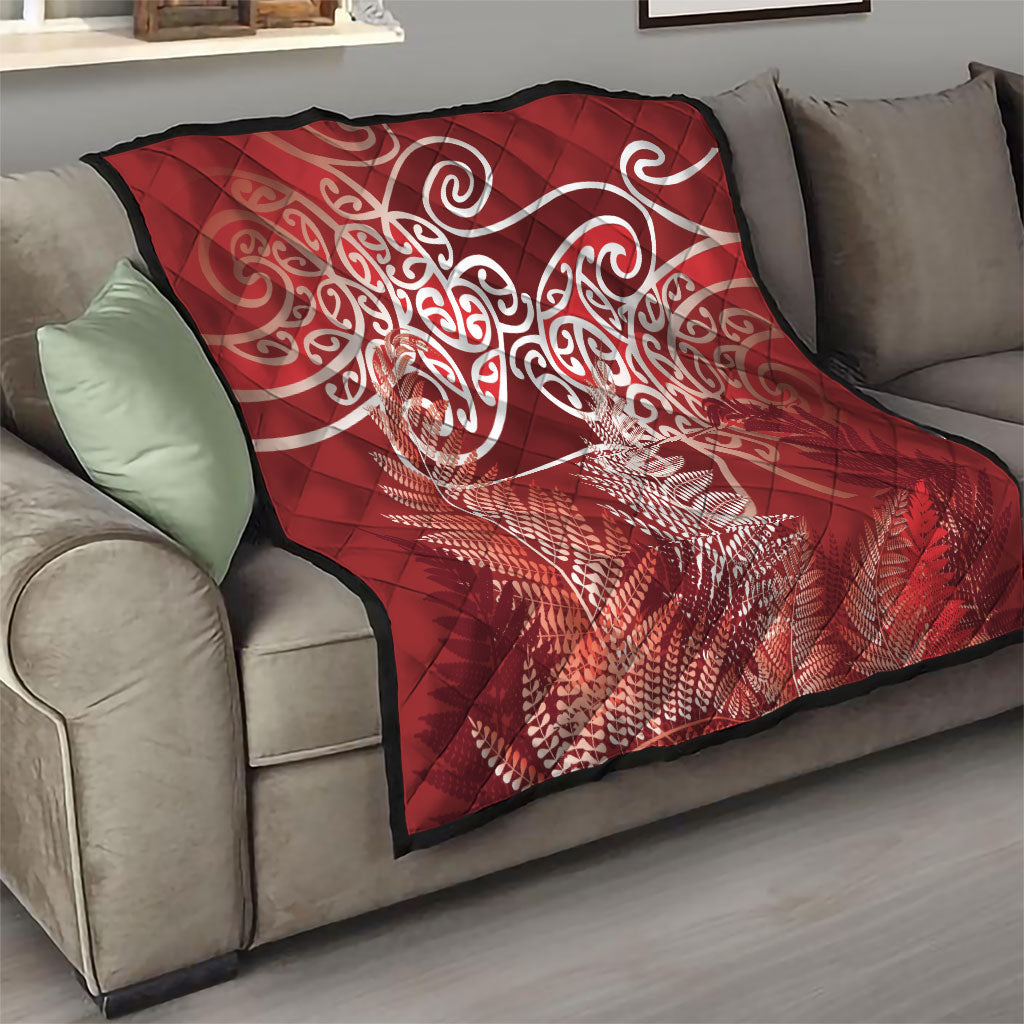 Aotearoa Maori Koru Curves Quilt Silver Ferns - Crimson Red LT7 - Polynesian Pride