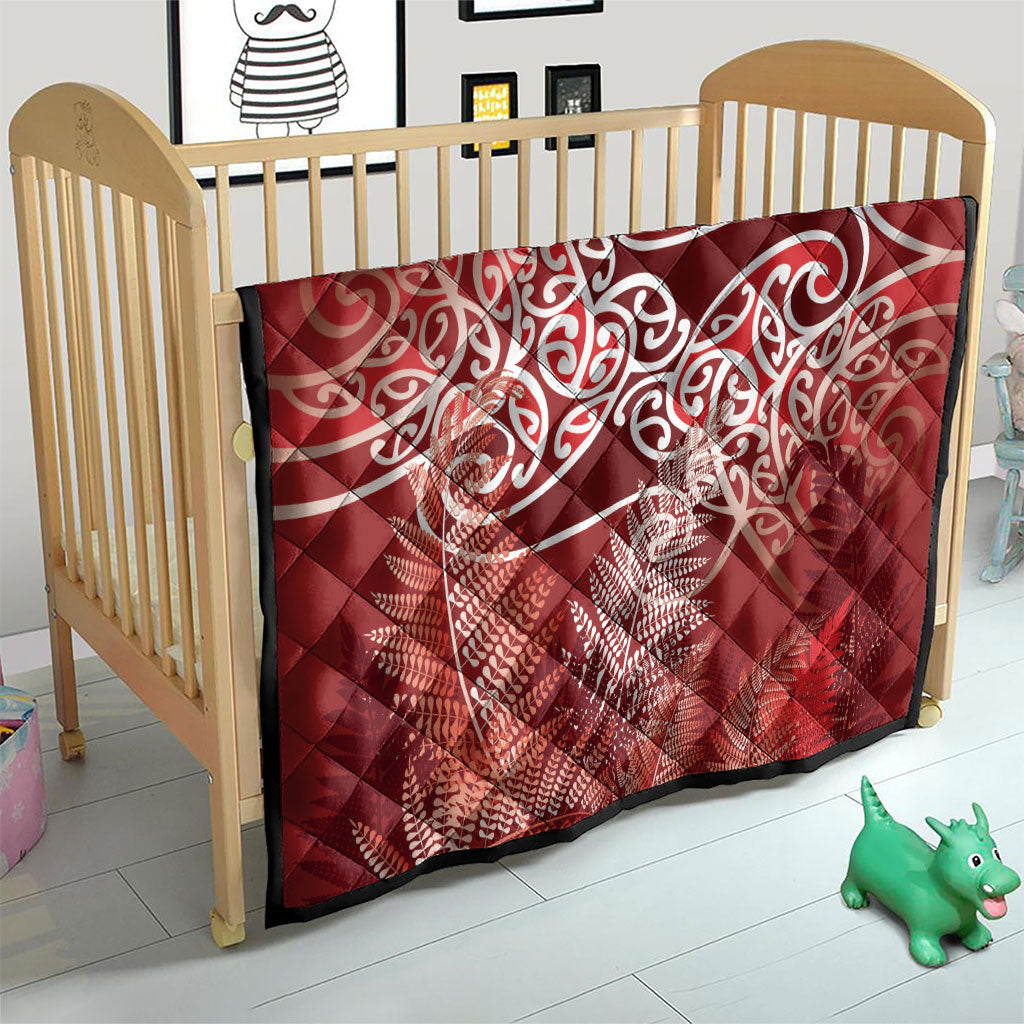 Aotearoa Maori Koru Curves Quilt Silver Ferns - Crimson Red LT7 - Polynesian Pride