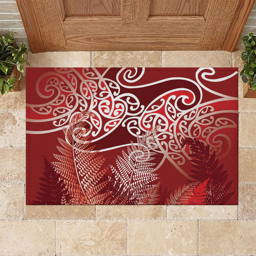 Aotearoa Maori Koru Curves Rubber Doormat Silver Ferns - Crimson Red LT7 Red - Polynesian Pride