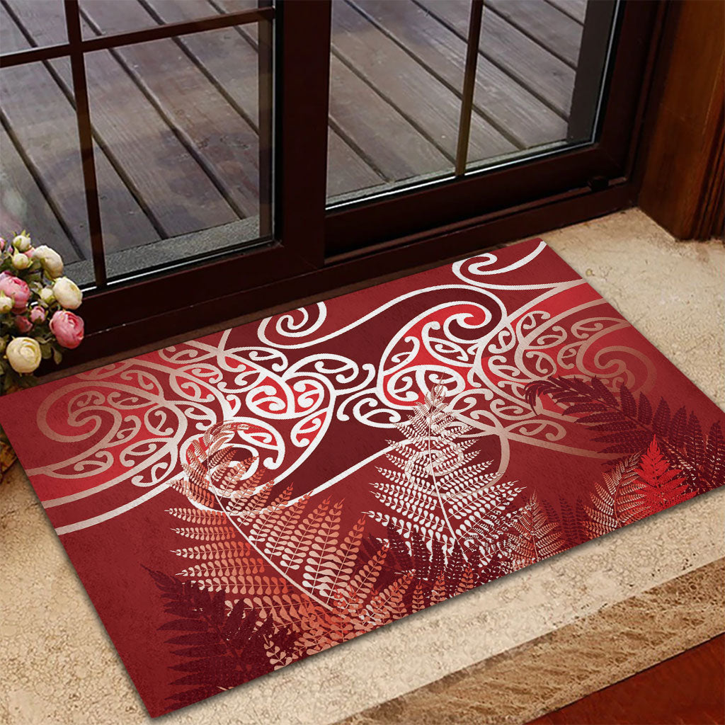 Aotearoa Maori Koru Curves Rubber Doormat Silver Ferns - Crimson Red LT7 - Polynesian Pride