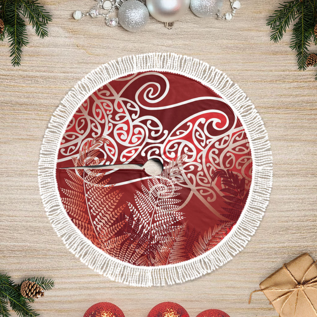 Aotearoa Maori Koru Curves Tree Skirt Silver Ferns - Crimson Red LT7 Fringed Red - Polynesian Pride