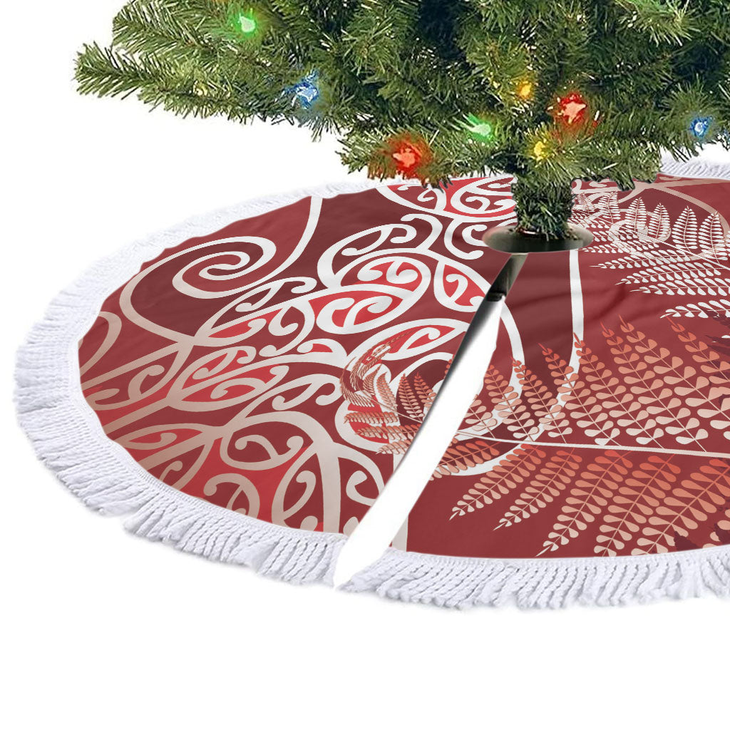 Aotearoa Maori Koru Curves Tree Skirt Silver Ferns - Crimson Red LT7 - Polynesian Pride