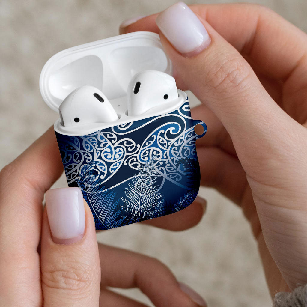 Aotearoa Maori Koru Curves AirPods Case Silver Ferns - Navy Blue LT7 - Polynesian Pride