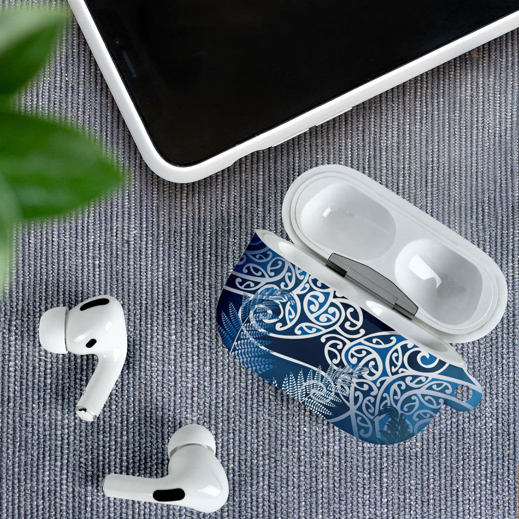 Aotearoa Maori Koru Curves AirPods Case Silver Ferns - Navy Blue LT7 - Polynesian Pride