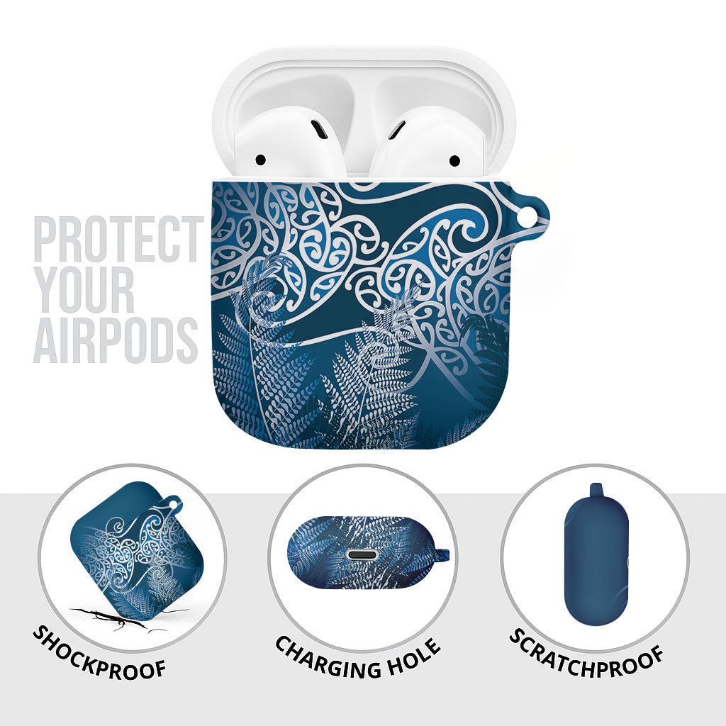 Aotearoa Maori Koru Curves AirPods Case Silver Ferns - Navy Blue LT7 - Polynesian Pride