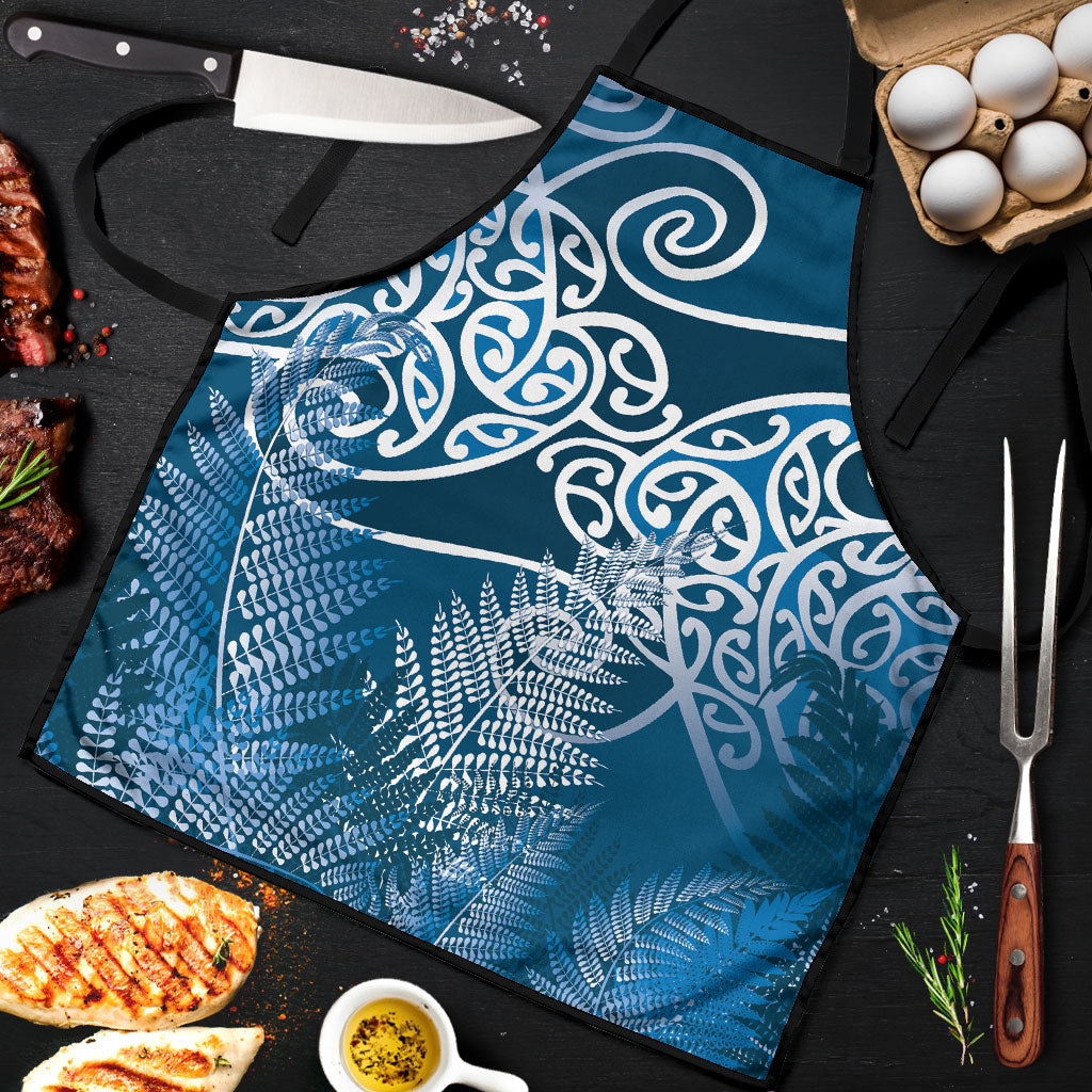 Aotearoa Maori Koru Curves Apron Silver Ferns - Navy Blue LT7 Navy Blue - Polynesian Pride