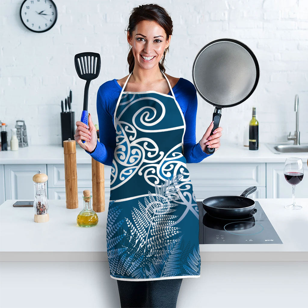 Aotearoa Maori Koru Curves Apron Silver Ferns - Navy Blue LT7 - Polynesian Pride