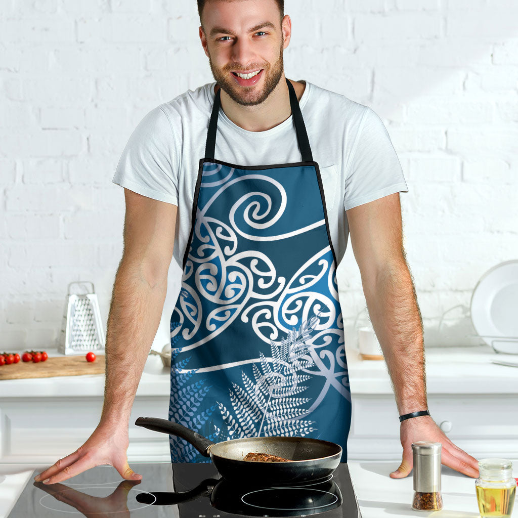 Aotearoa Maori Koru Curves Apron Silver Ferns - Navy Blue LT7 - Polynesian Pride