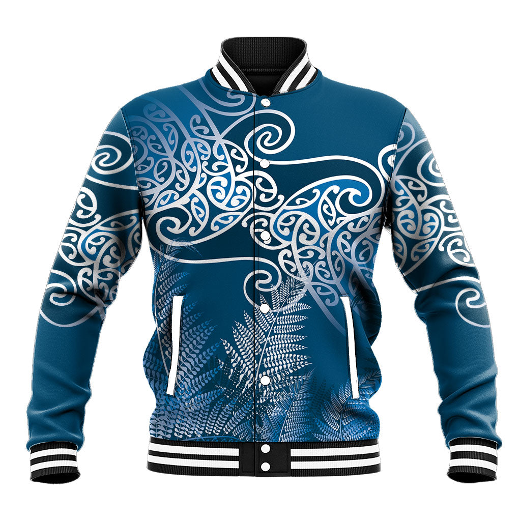 Aotearoa Maori Koru Curves Baseball Jacket Silver Ferns - Navy Blue LT7 Unisex Navy Blue - Polynesian Pride