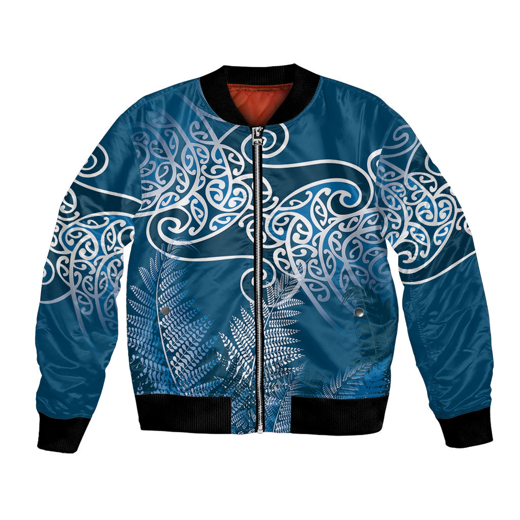 Aotearoa Maori Koru Curves Bomber Jacket Silver Ferns - Navy Blue LT7 Unisex Navy Blue - Polynesian Pride