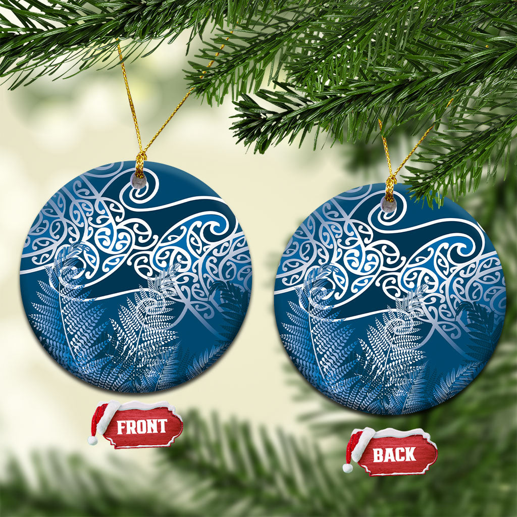 Aotearoa Maori Koru Curves Ceramic Ornament Silver Ferns - Navy Blue