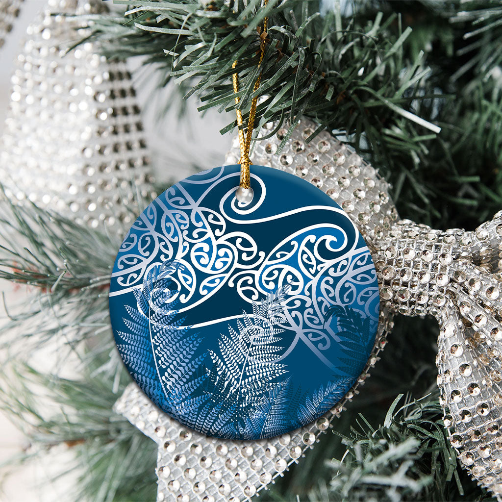Aotearoa Maori Koru Curves Ceramic Ornament Silver Ferns - Navy Blue
