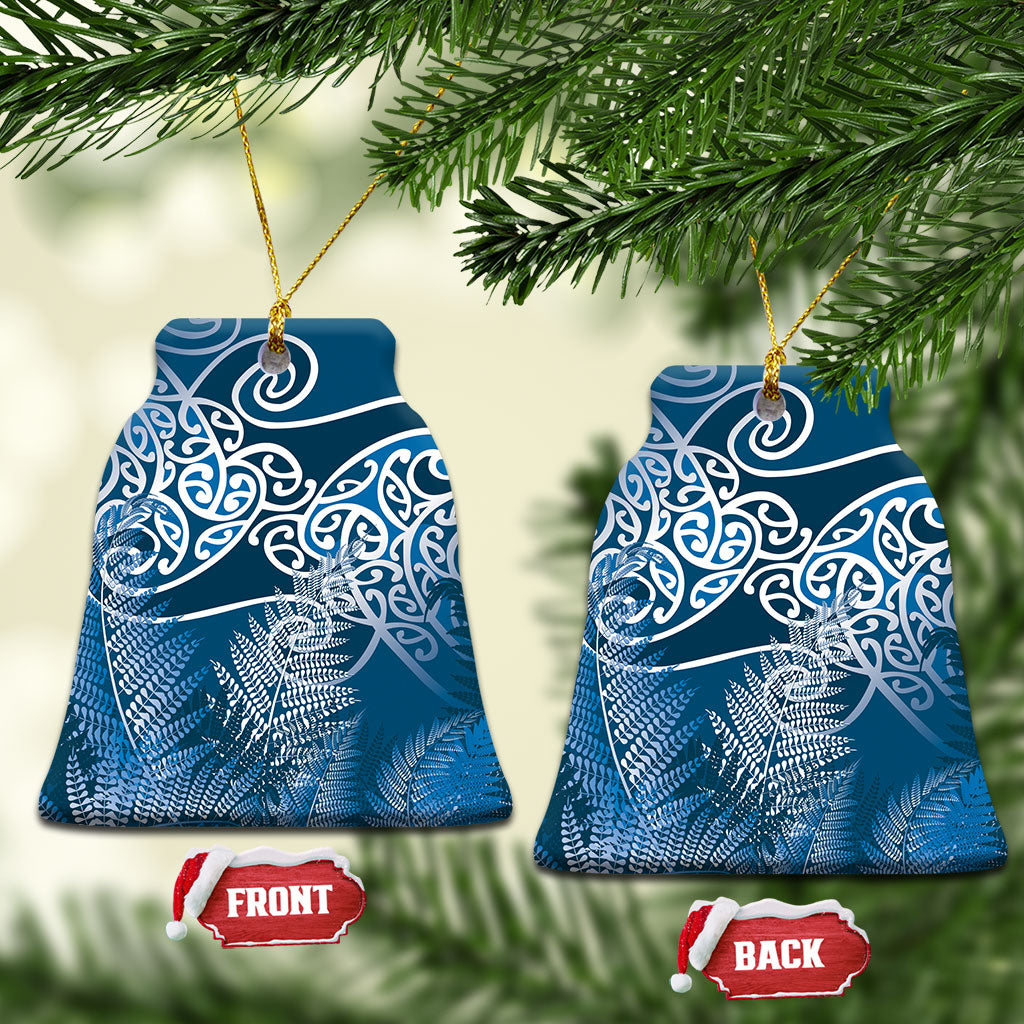 Aotearoa Maori Koru Curves Ceramic Ornament Silver Ferns - Navy Blue