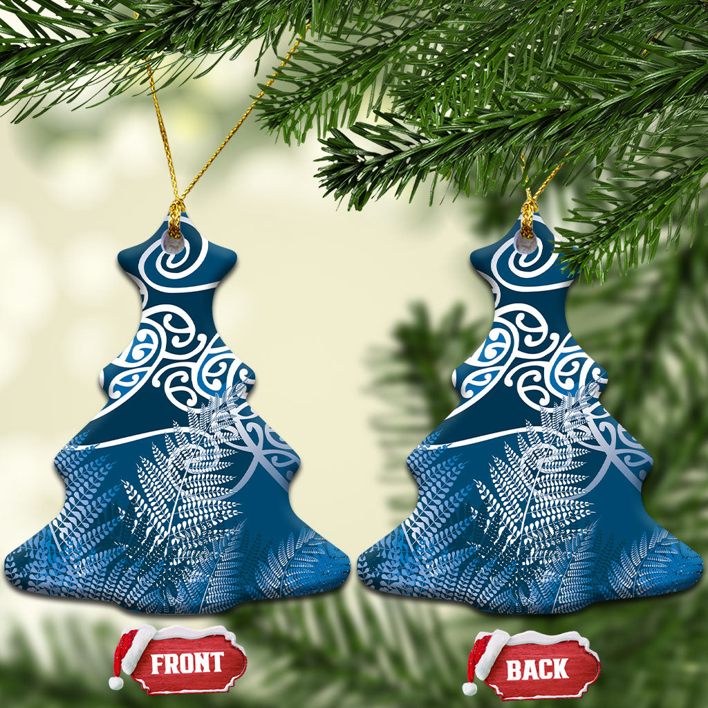Aotearoa Maori Koru Curves Ceramic Ornament Silver Ferns - Navy Blue