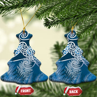 Aotearoa Maori Koru Curves Ceramic Ornament Silver Ferns - Navy Blue