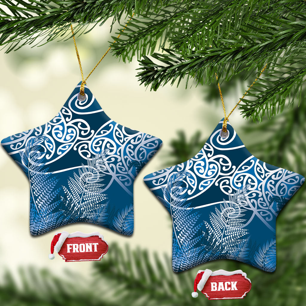Aotearoa Maori Koru Curves Ceramic Ornament Silver Ferns - Navy Blue