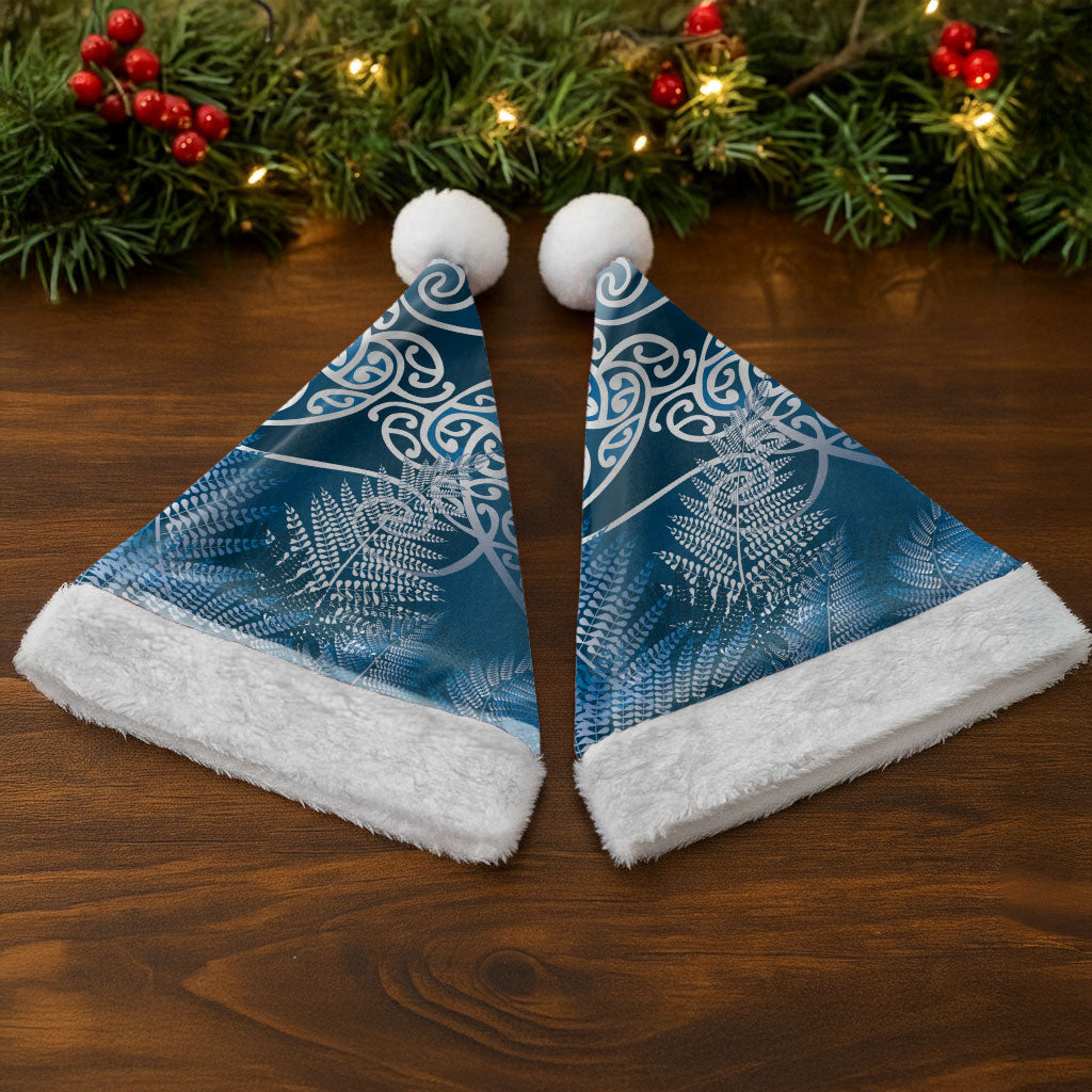 Aotearoa Maori Koru Curves Christmas Santa Hat Silver Ferns - Navy Blue