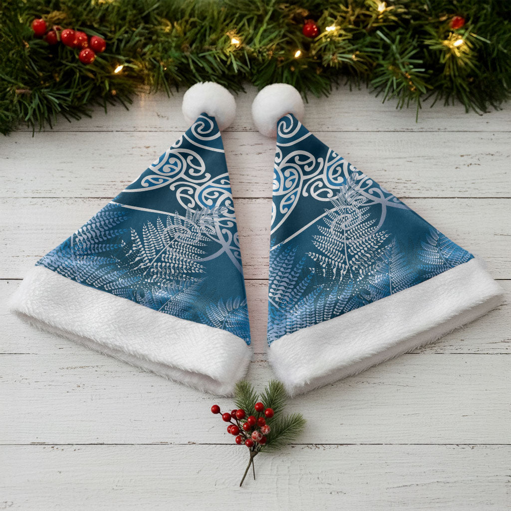 Aotearoa Maori Koru Curves Christmas Santa Hat Silver Ferns - Navy Blue