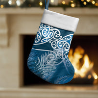 Aotearoa Maori Koru Curves Christmas Stocking Silver Ferns - Navy Blue