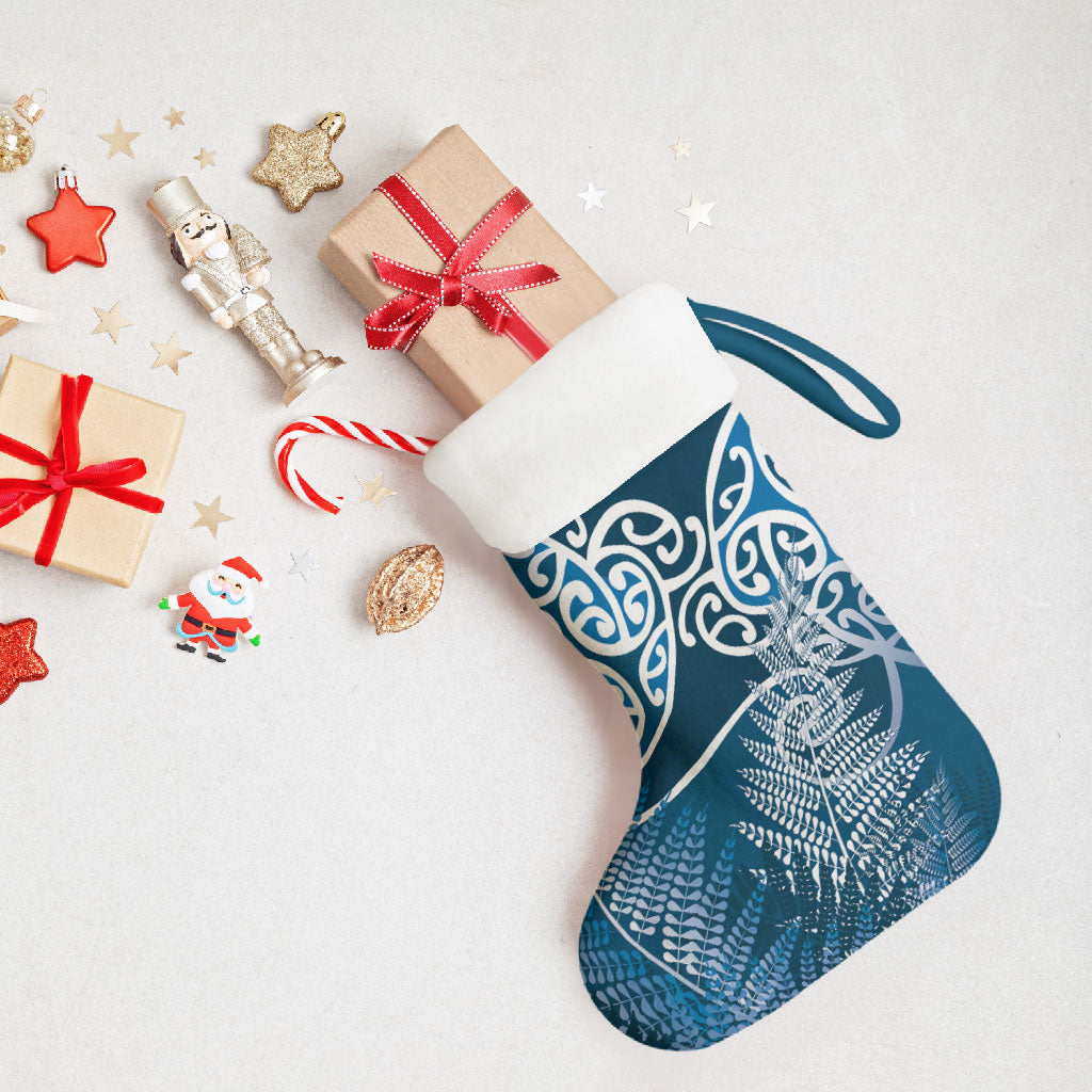 Aotearoa Maori Koru Curves Christmas Stocking Silver Ferns - Navy Blue