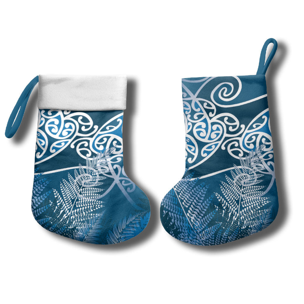 Aotearoa Maori Koru Curves Christmas Stocking Silver Ferns - Navy Blue