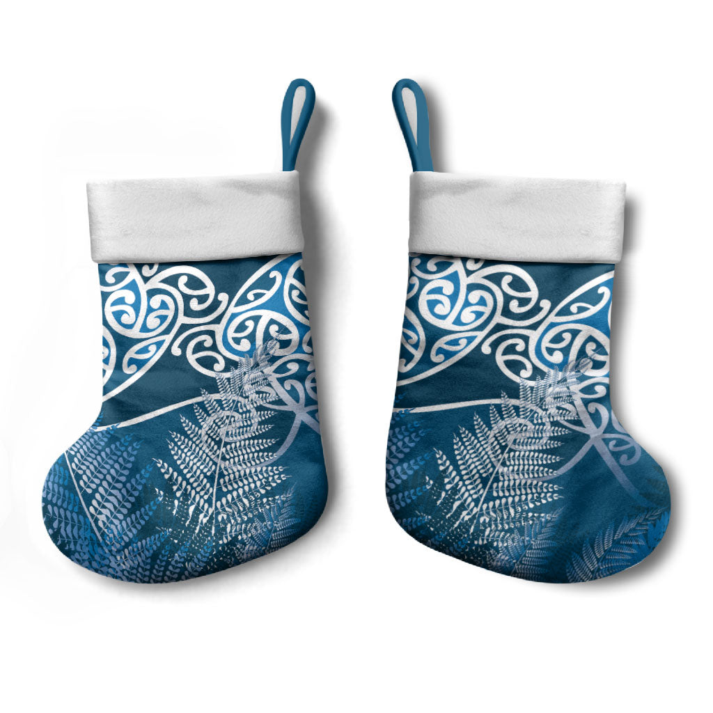 Aotearoa Maori Koru Curves Christmas Stocking Silver Ferns - Navy Blue