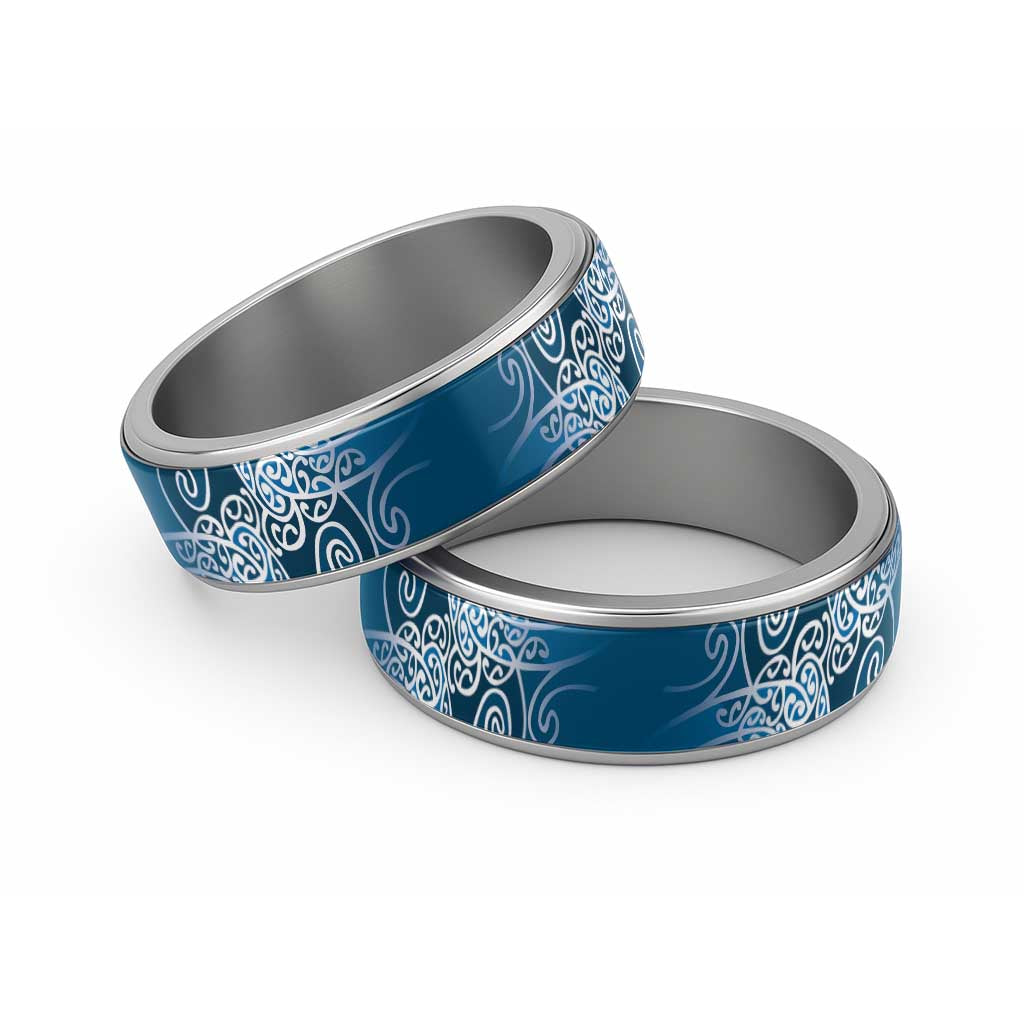 Aotearoa Maori Koru Curves Classic Ring Silver Ferns - Navy Blue LT7 Sliver Navy Blue - Polynesian Pride