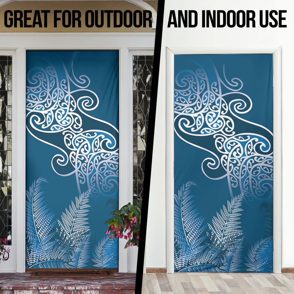 Aotearoa Maori Koru Curves Door Cover Silver Ferns - Navy Blue LT7 - Polynesian Pride