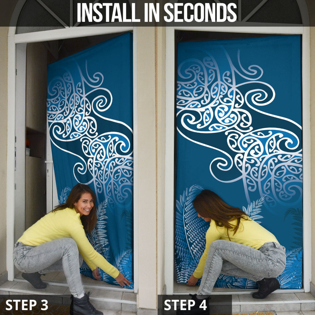 Aotearoa Maori Koru Curves Door Cover Silver Ferns - Navy Blue LT7 - Polynesian Pride