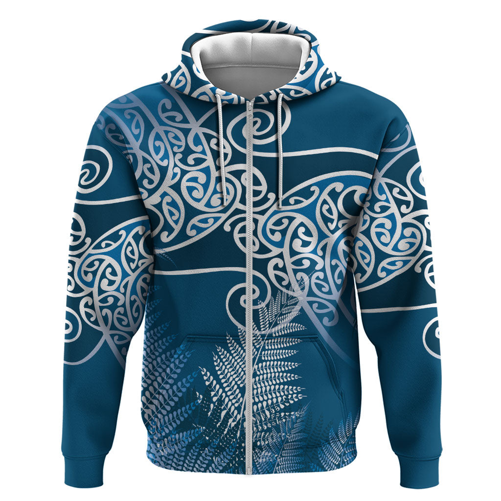 Aotearoa Maori Koru Curves Hoodie Silver Ferns - Navy Blue LT7 Zip Hoodie Navy Blue - Polynesian Pride
