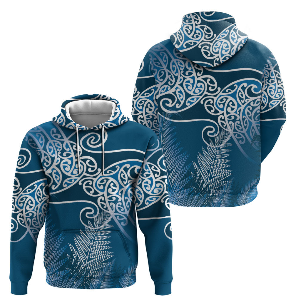 Aotearoa Maori Koru Curves Hoodie Silver Ferns - Navy Blue LT7 - Polynesian Pride
