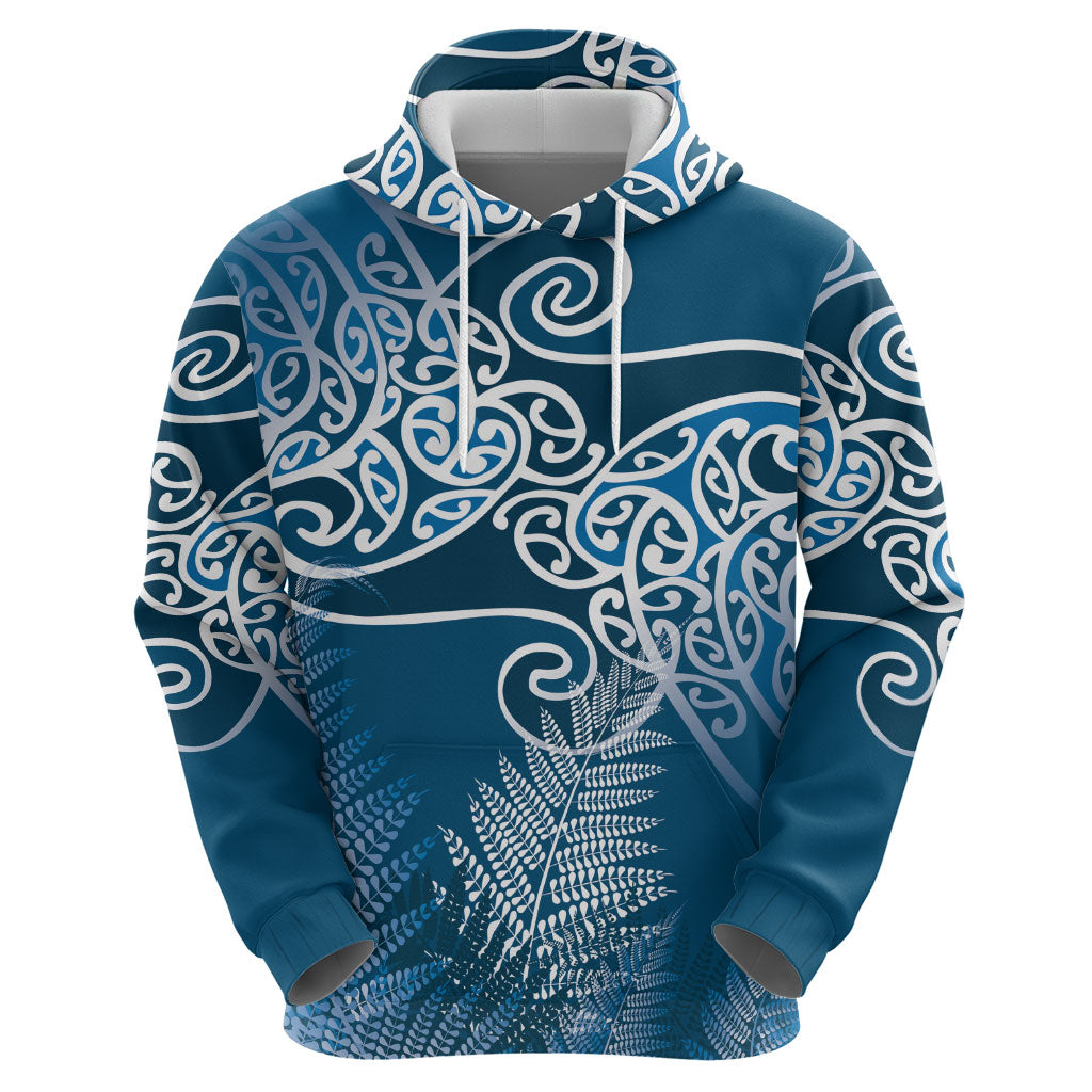 Aotearoa Maori Koru Curves Hoodie Silver Ferns - Navy Blue LT7 - Polynesian Pride