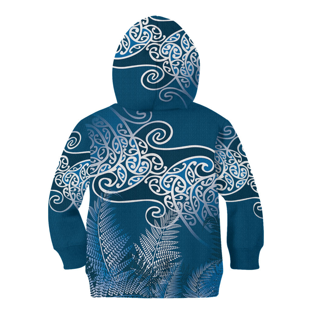 Aotearoa Maori Koru Curves Kid Hoodie Silver Ferns - Navy Blue LT7 - Polynesian Pride