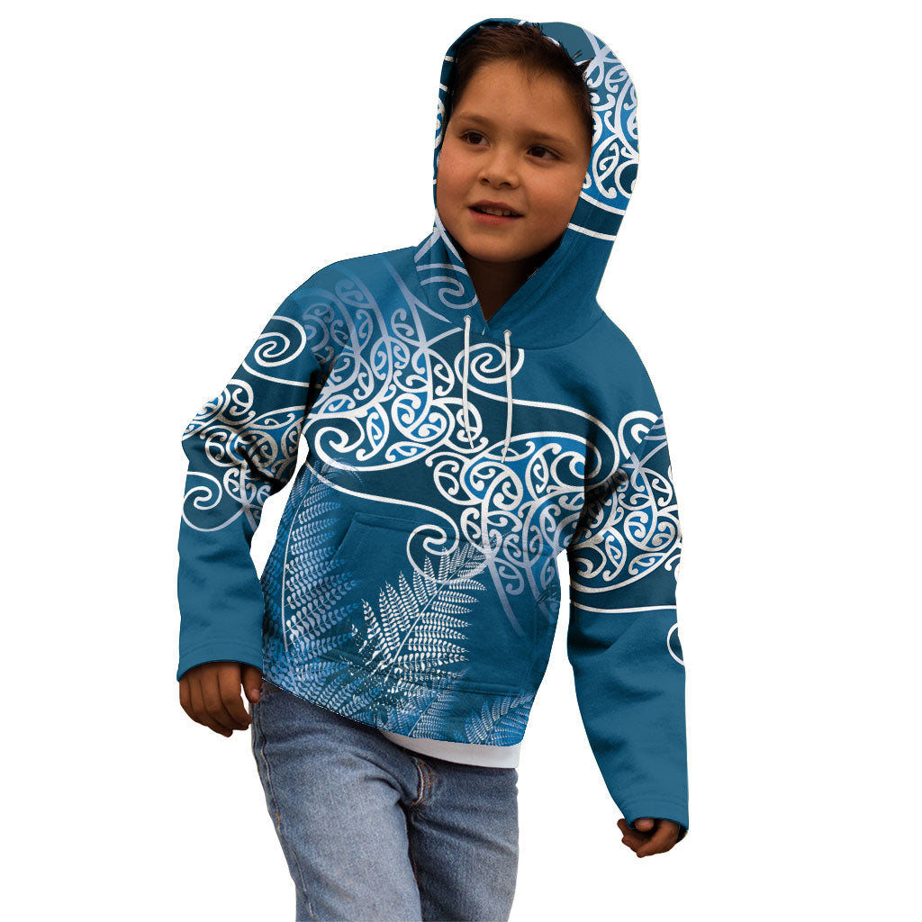 Aotearoa Maori Koru Curves Kid Hoodie Silver Ferns - Navy Blue LT7 - Polynesian Pride