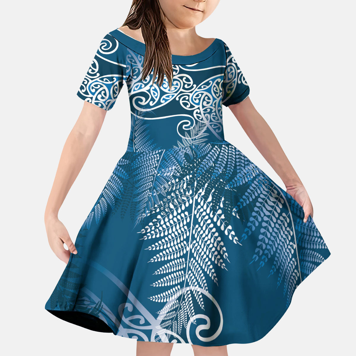Aotearoa Maori Koru Curves Kid Short Sleeve Dress Silver Ferns - Navy Blue LT7 KID Navy Blue - Polynesian Pride