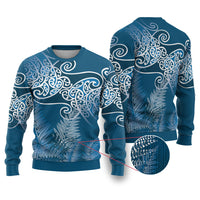 Aotearoa Maori Koru Curves Ugly Christmas Sweater Silver Ferns - Navy Blue