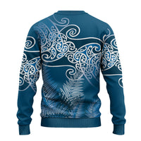 Aotearoa Maori Koru Curves Ugly Christmas Sweater Silver Ferns - Navy Blue