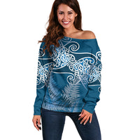 Aotearoa Maori Koru Curves Off Shoulder Sweater Silver Ferns - Navy Blue LT7 Women Navy Blue - Polynesian Pride