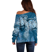 Aotearoa Maori Koru Curves Off Shoulder Sweater Silver Ferns - Navy Blue LT7 - Polynesian Pride