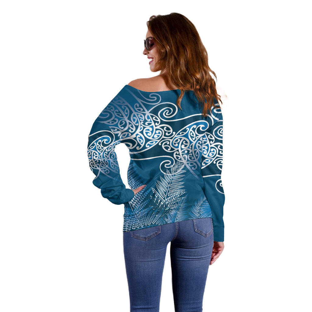 Aotearoa Maori Koru Curves Off Shoulder Sweater Silver Ferns - Navy Blue LT7 - Polynesian Pride