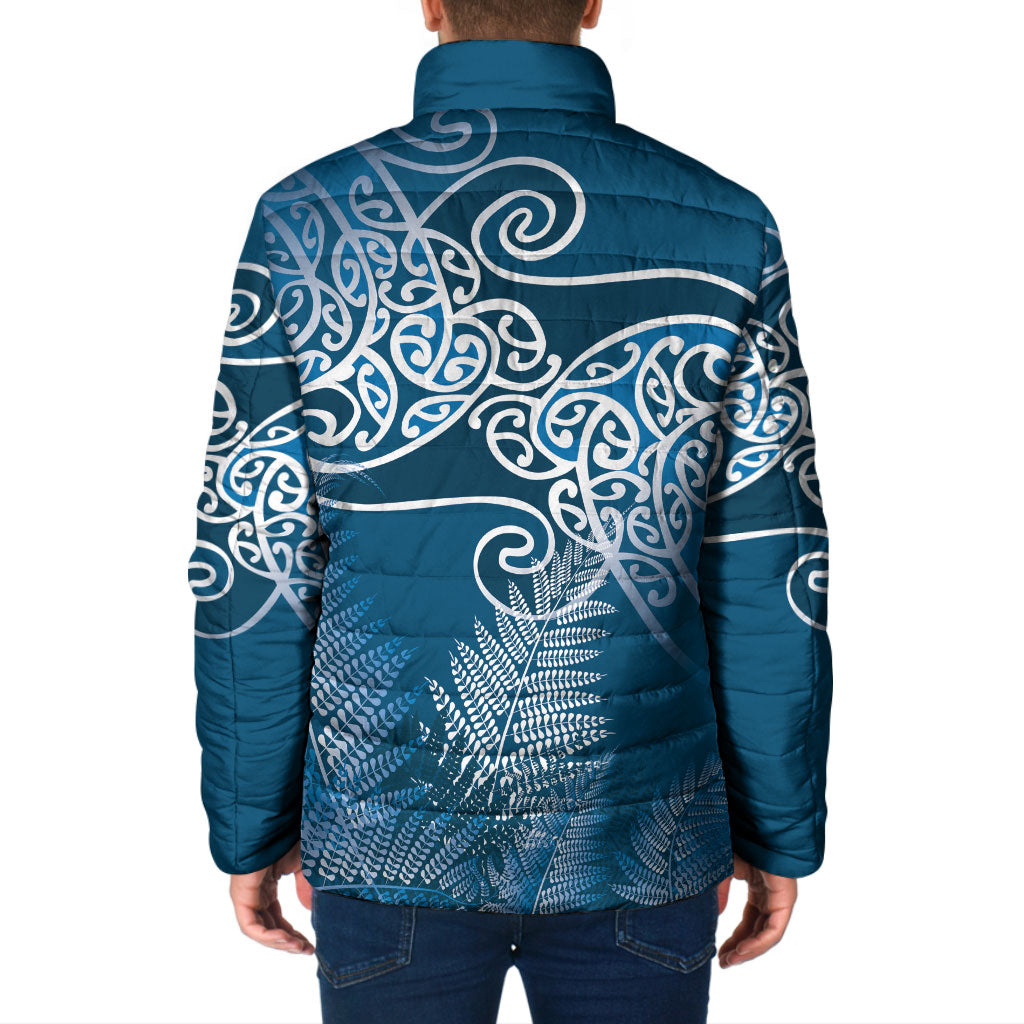 Aotearoa Maori Koru Curves Padded Jacket Silver Ferns - Navy Blue LT7 - Polynesian Pride