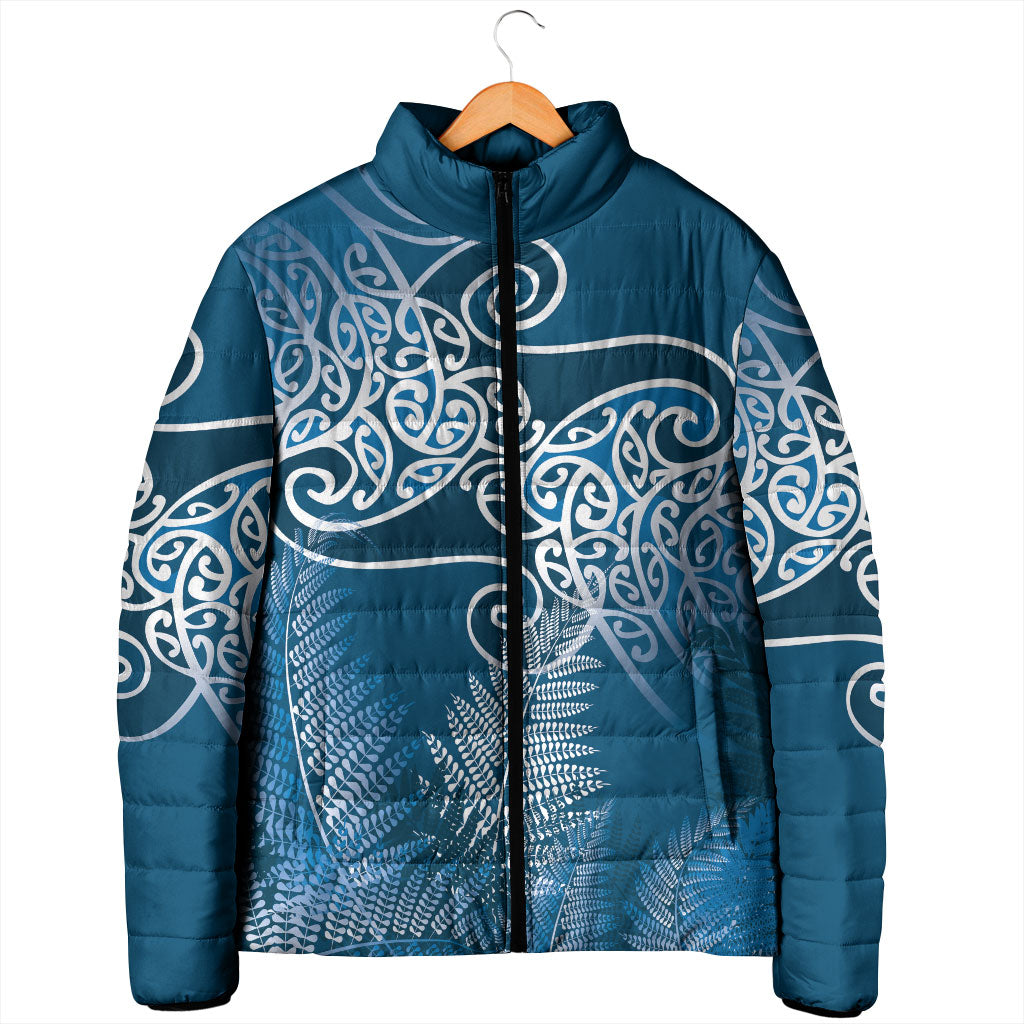 Aotearoa Maori Koru Curves Padded Jacket Silver Ferns - Navy Blue LT7 - Polynesian Pride