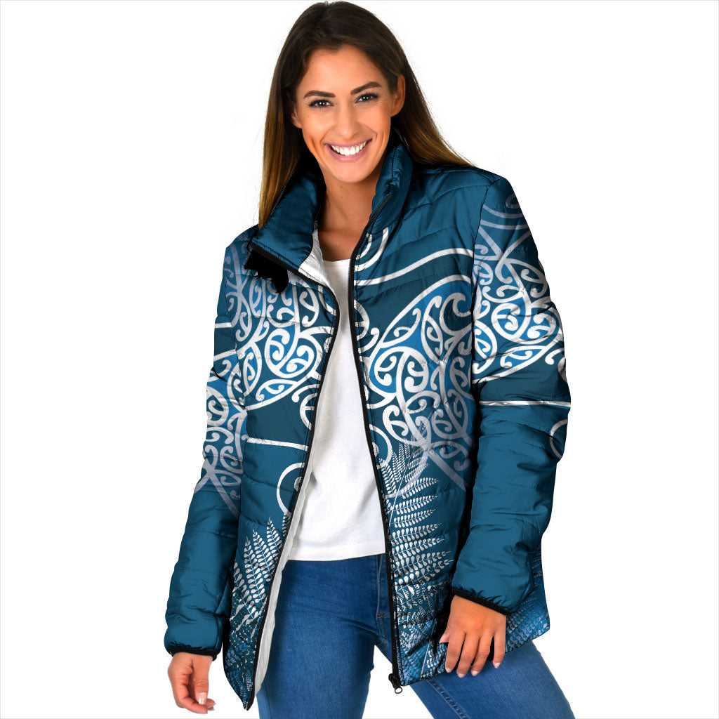 Aotearoa Maori Koru Curves Padded Jacket Silver Ferns - Navy Blue LT7 Women Navy Blue - Polynesian Pride