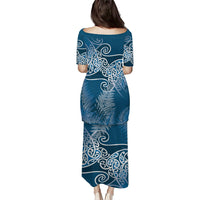 Aotearoa Maori Koru Curves Puletasi Silver Ferns - Navy Blue LT7 - Polynesian Pride