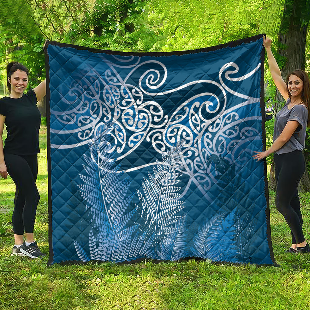 Aotearoa Maori Koru Curves Quilt Silver Ferns - Navy Blue LT7 - Polynesian Pride