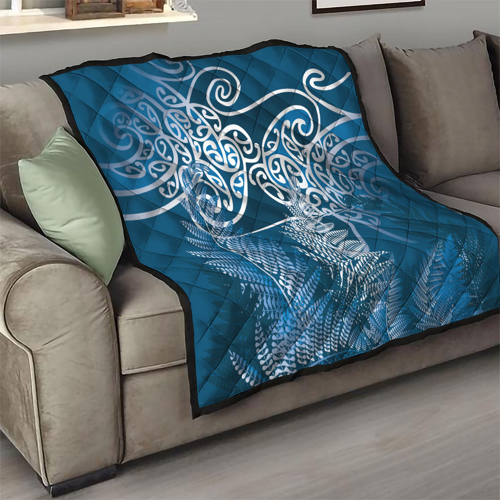 Aotearoa Maori Koru Curves Quilt Silver Ferns - Navy Blue LT7 - Polynesian Pride